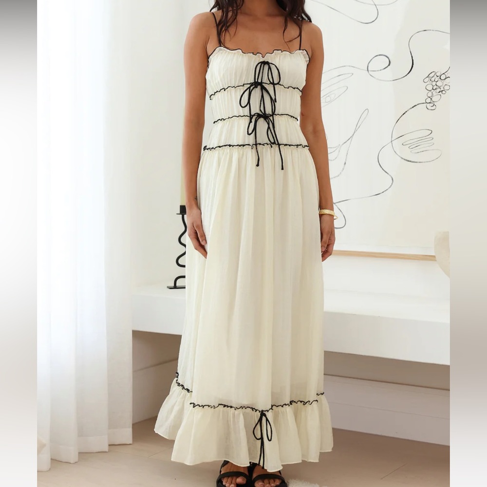 Elegant Cream Maxi Dress with Black Accents